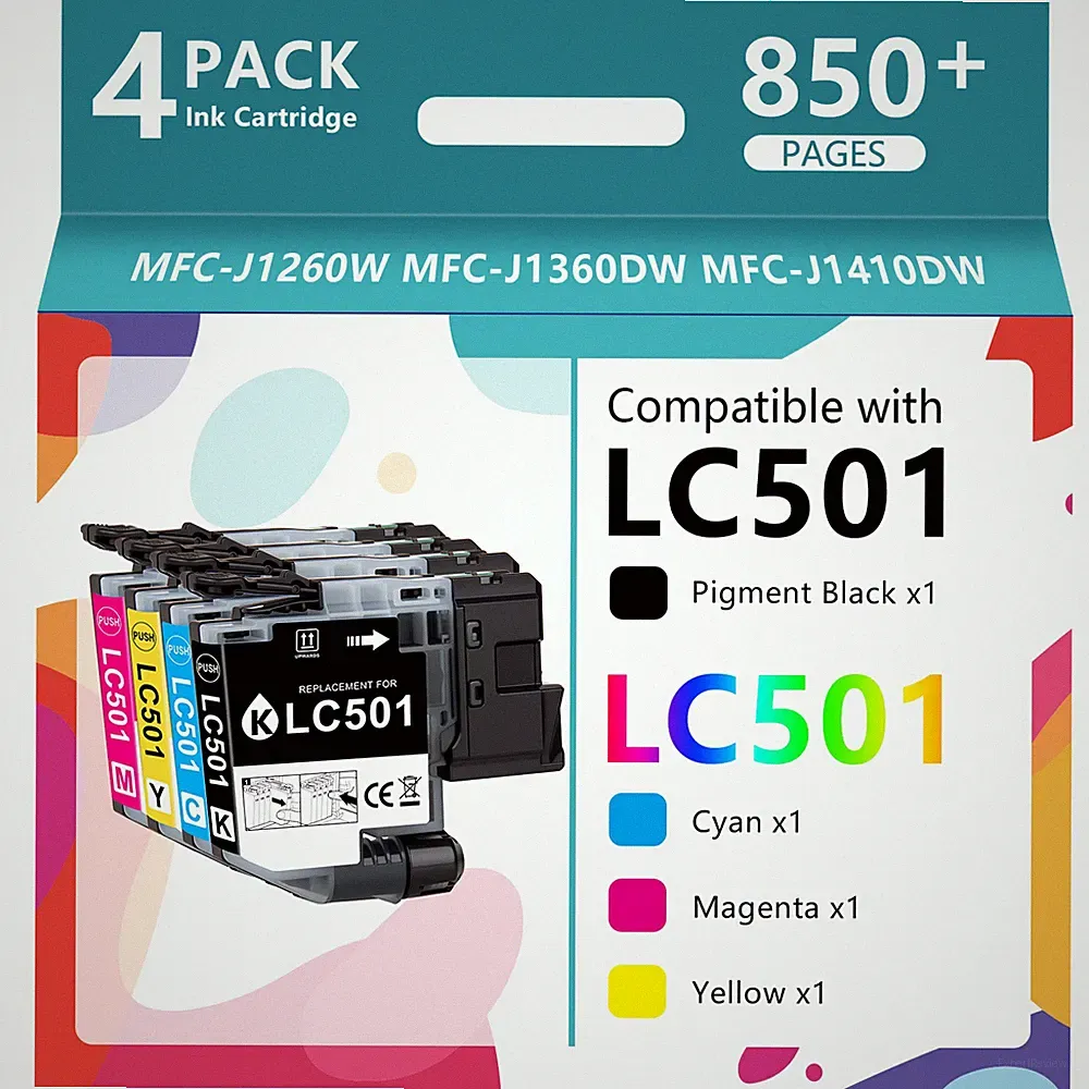 4 Pack LC501 Ink Cartridges Compatible For Brother MFc-J1260W/J1360DW/J1410DW